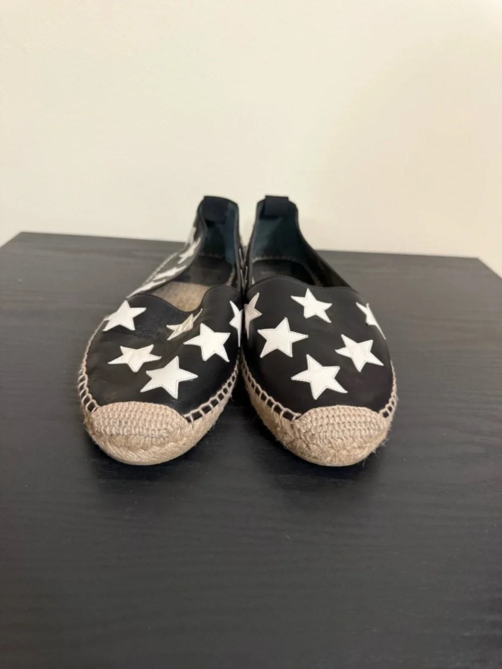 Saint Laurent Size 38.5 Black Leather White Star Espadrilles Loafers